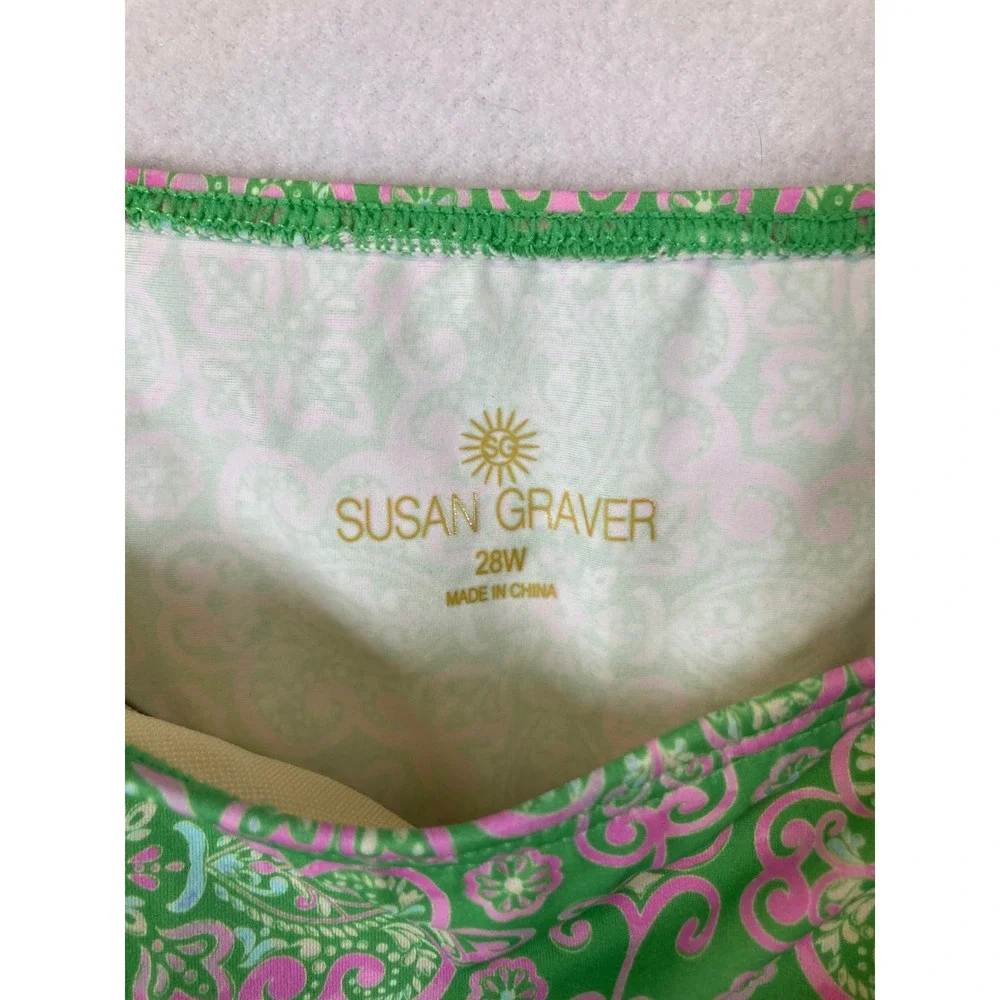 Boho Preppy Susan‎ Graver Womens 28W Green Pink Paisley Scalloped Tankini Top